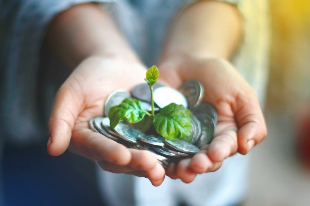 Hands cupping coins with a green plant sprouting, symbolizing financial growth.